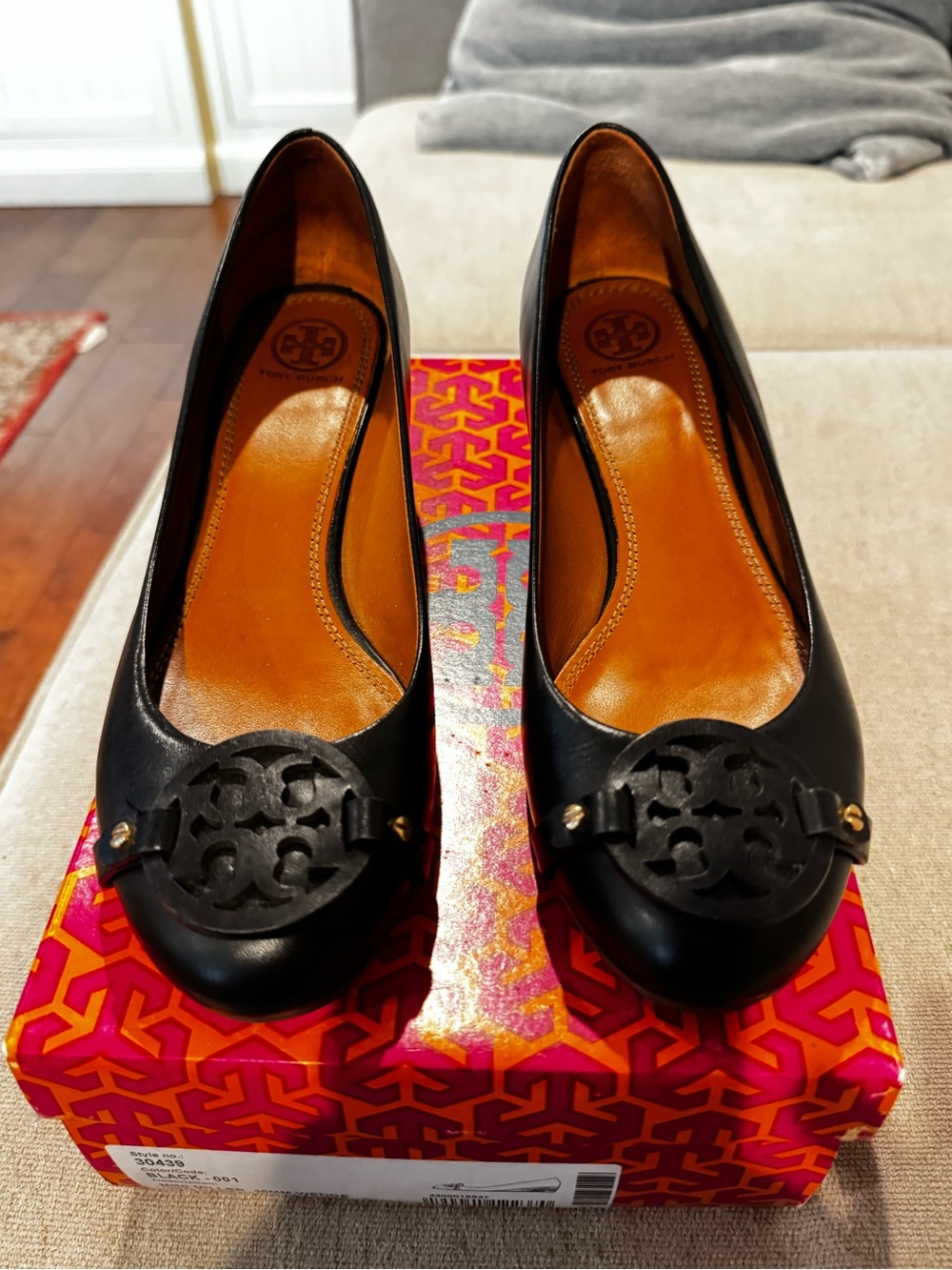 Tory Burch Black Leather Logo Ballet Flats with Gold Accents